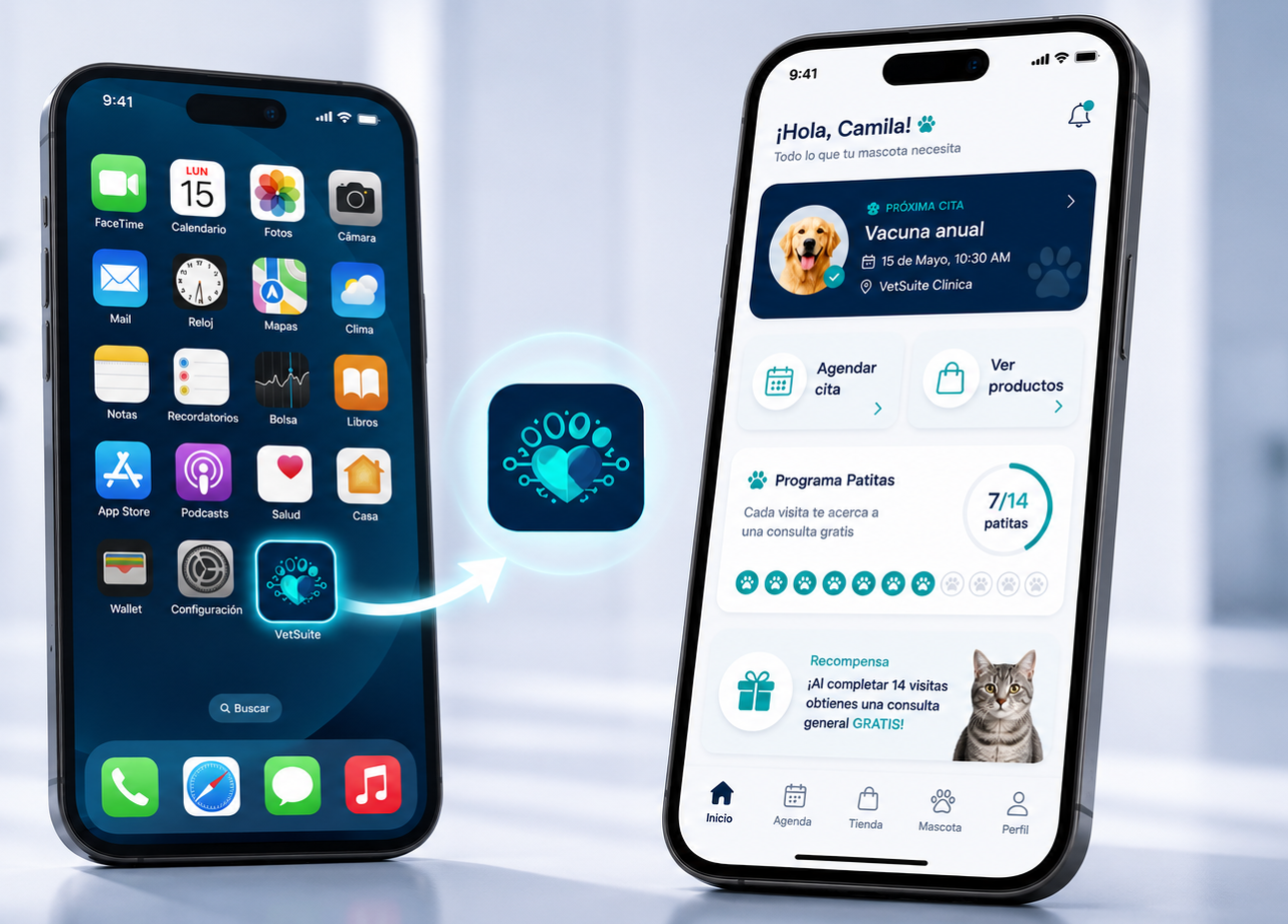 App móvil VetSuite para clientes de veterinarias