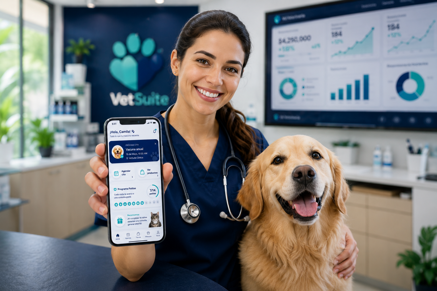 Veterinaria feliz mostrando la app VetSuite